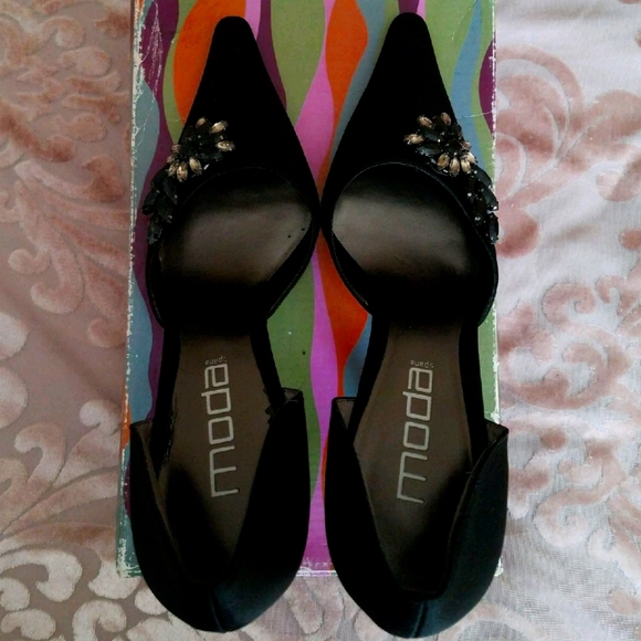 Moda Spana Satin Black Rhinestone High Heels - Picture 1 of 5